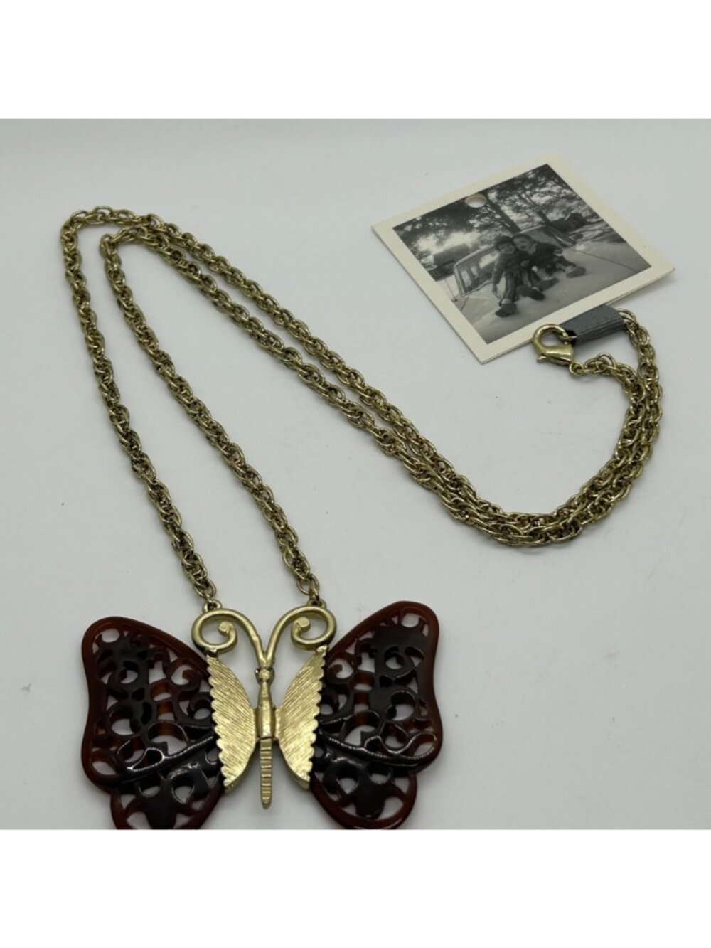 Vintage Anthropologie Butterfly Pendant Necklace Brown Filigree Wings Gold-Tone - Picture 4 of 15